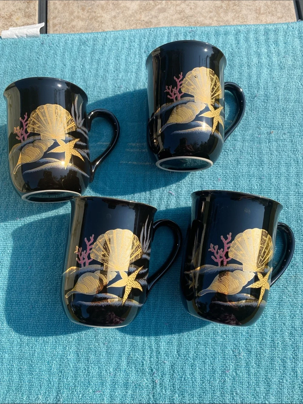 VTG Otagiri Japan Black 22K Gold Seashell Coral Starfish Ceramic Mugs - Set of 4